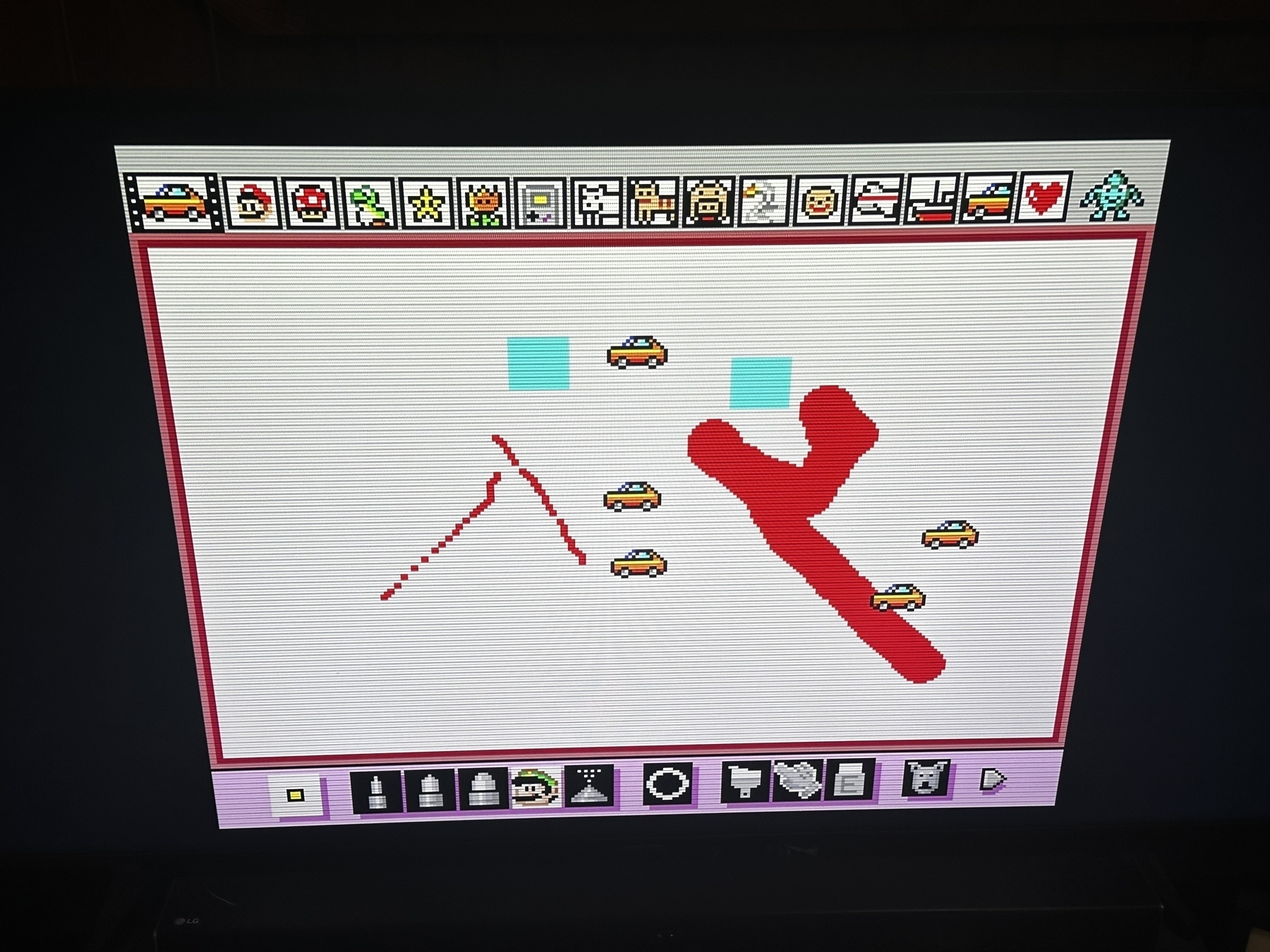 Mario Paint drawing showing some brush liens in red with some car-shaped stamps on a white canvas with stumpier scan lines on it to mimic a CRT display. A toolbar is visible above and below the canvas.