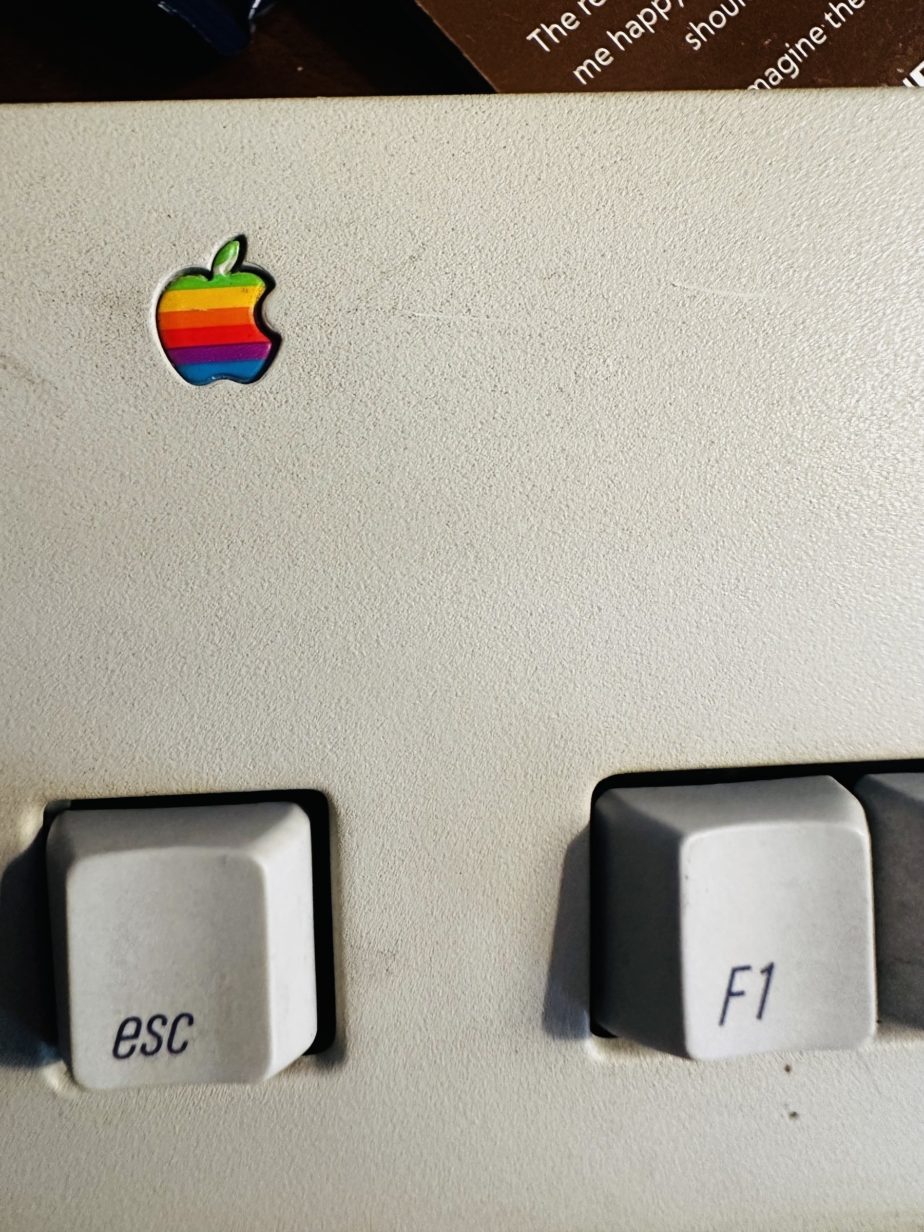 Close up of the six-color classic Apple logo above the Esc and F1 keys