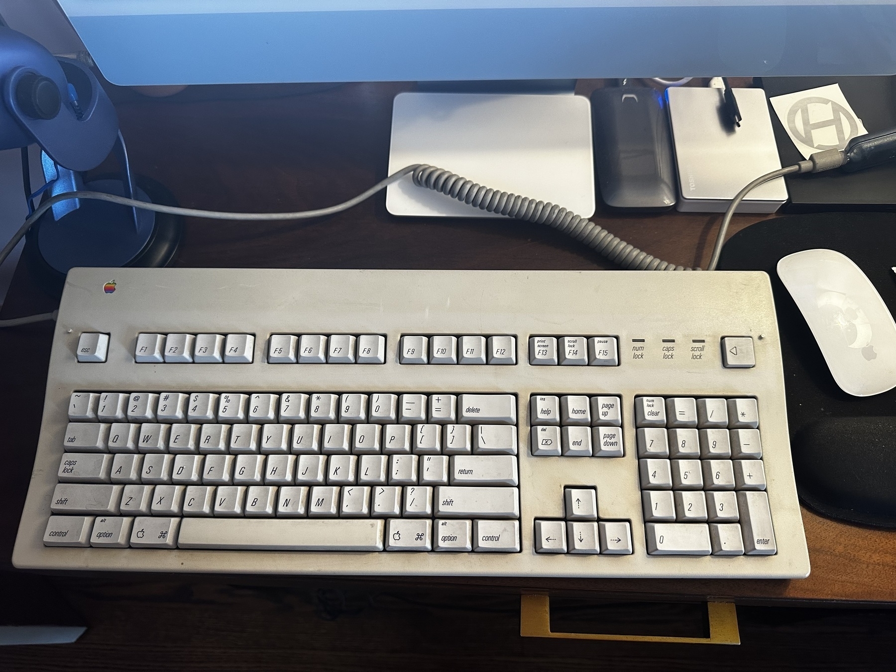 An Apple Extended Keyboard II in front of an iMac. A trackpad and some external hard drives are also visible.